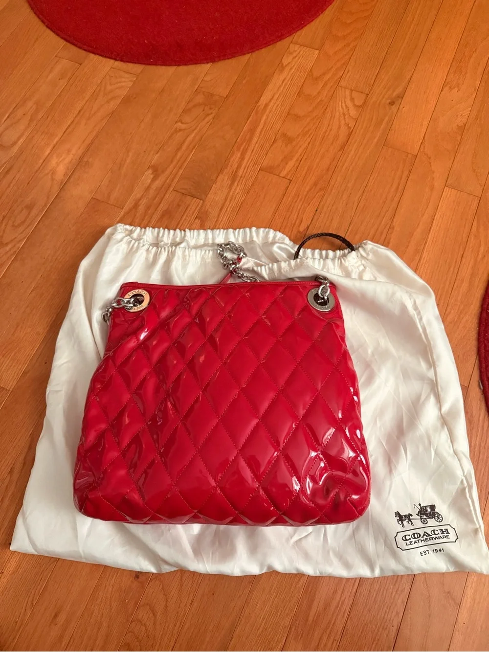 Coach Red Quilted Patent Shoulder Bag with Silver Chain